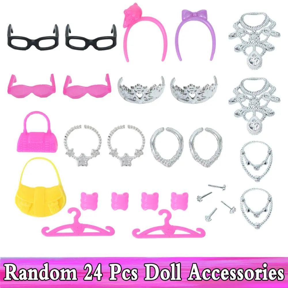 Random 1 Set Doll Accessories for Barbie Doll Shoes Boots Mini Dress Handbags Crown Hangers Glasses Doll Clothes Kids Toys 12''