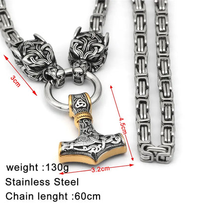 Stainless Steel Nordic Celtic Men's Necklace Viking Wolf Head Thor Hammer Pendant