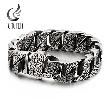 Fongten Vintage Bracelet For Men Unique Carving Cuban Link Chain Stainless Steel Men's Bracelets Bangle Viking Fashion Jewelry