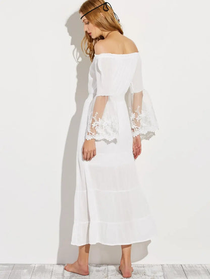 lång boho klänning vit sexig off the shoulder strand solklänning Flare långärmad skarv spets kvinnor klänningar sommar vestidos