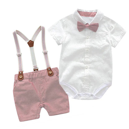 Baby Boy Clothes Summer Gentleman Birthday Suits Newborn Party Dress Soft Cotton Solid Rmper + Belt Pants Infant Toddler Set