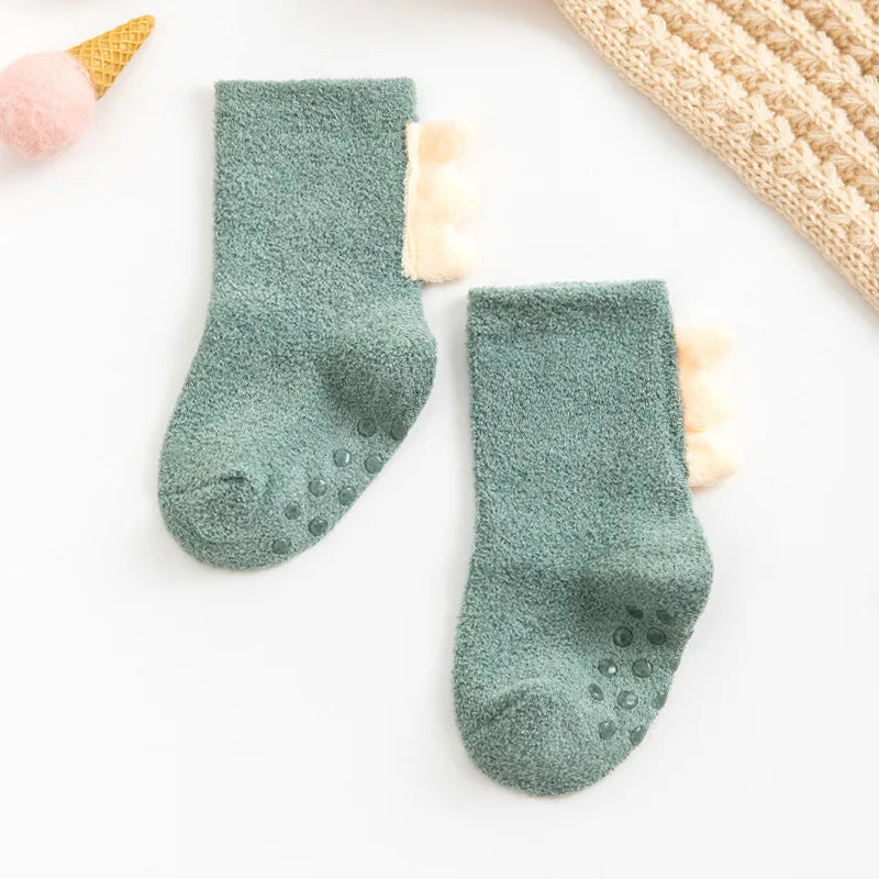 Toddler Kids Socks Newborn Baby Prewalker Winter Thick Coral Fleece Cotton Dinosaur Girl Autumn Infant Boy Cartoon Sock 0-5T