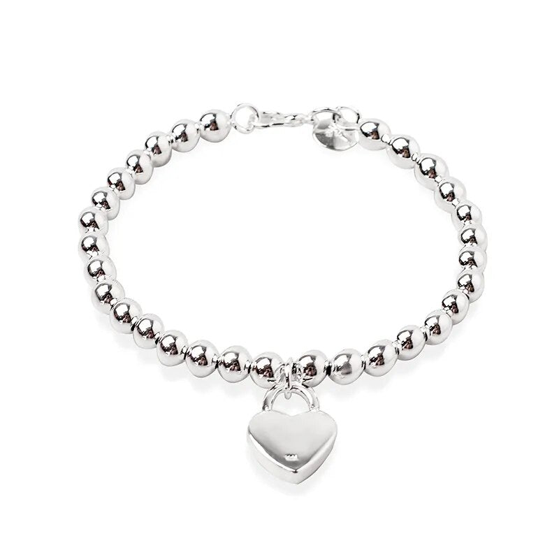 DOTEFFIL 925 Sterling Silver Heart Lock 6mm Beads Chain Bracelets