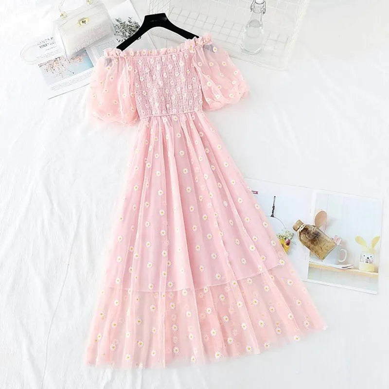 small daisies embroidery mesh dresses women sexy off the shoulder french vintage party ruffle dresses elegant vestidos