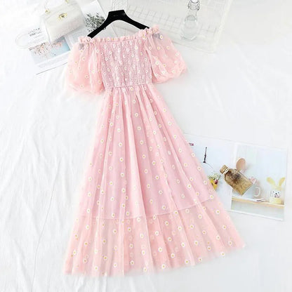 small daisies embroidery mesh dresses women sexy off the shoulder french vintage party ruffle dresses elegant vestidos