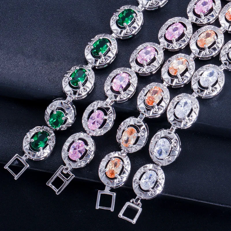 Pera High Quality Full Big Round Connected Created Green Stone Women Link Chain Bracelets Jewelry With White Gold Color