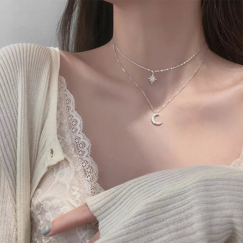 Collier Double couche en Zircon cubique pour femmes et filles, chaîne de clavicule étoile et lune, cadeau, bijoux fins, accessoires de fête de mariage