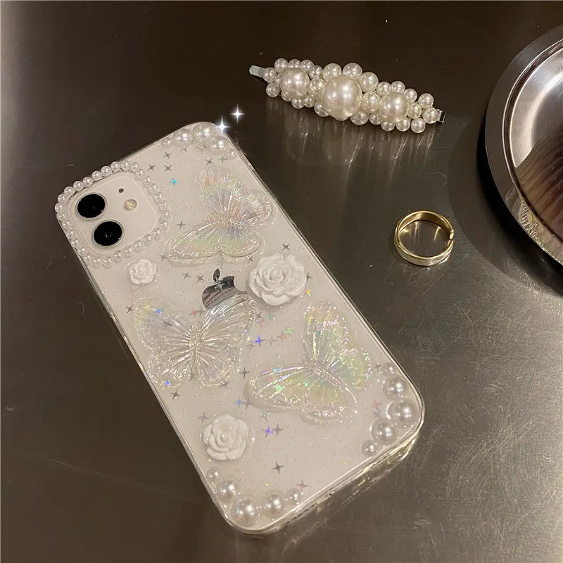 Cute 3D Bow Pearl Rose Phone Case For iPhone 15 14 13 12 11 Pro XS Max XR X 8 7 Plus Se Sequins Soft Shockproof Cover