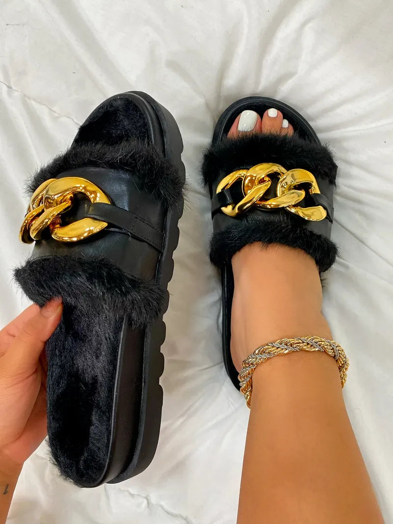 Winter Plush Slippers Fashion Open Toe Solid Color Women's Sandals Metal Chain Outdoor Casual Women's Shoes  Fashion Shoes