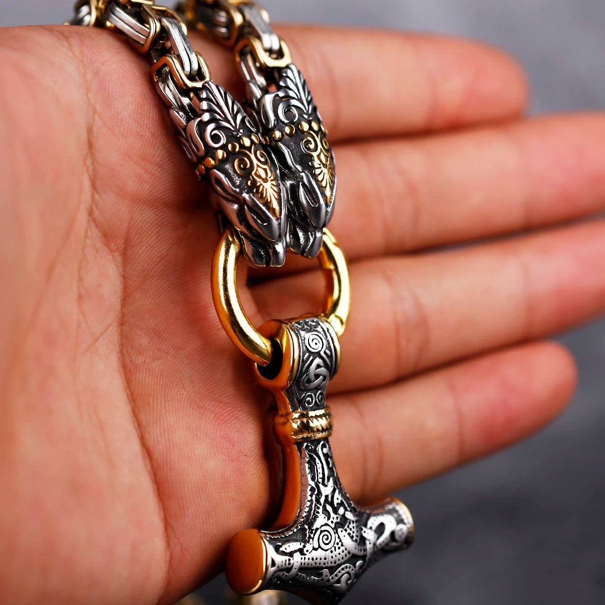 [316L Stainless Steel]  New Nordic Fashion Domineering Viking Dragon Thor's Hammer Pendant Men's Necklace Jewelry Gift