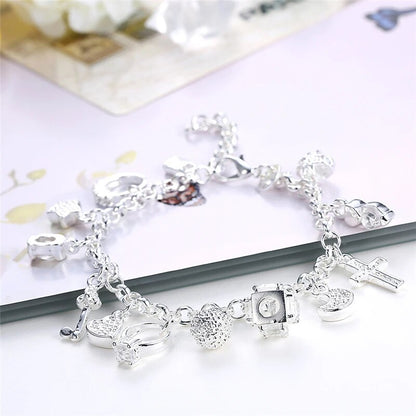 DOTEFFIL 925 Sterling Silver Moon Heart Lock Cross Bracelet For Men Woman Charm Wedding Engagement Party Fashion Jewelry