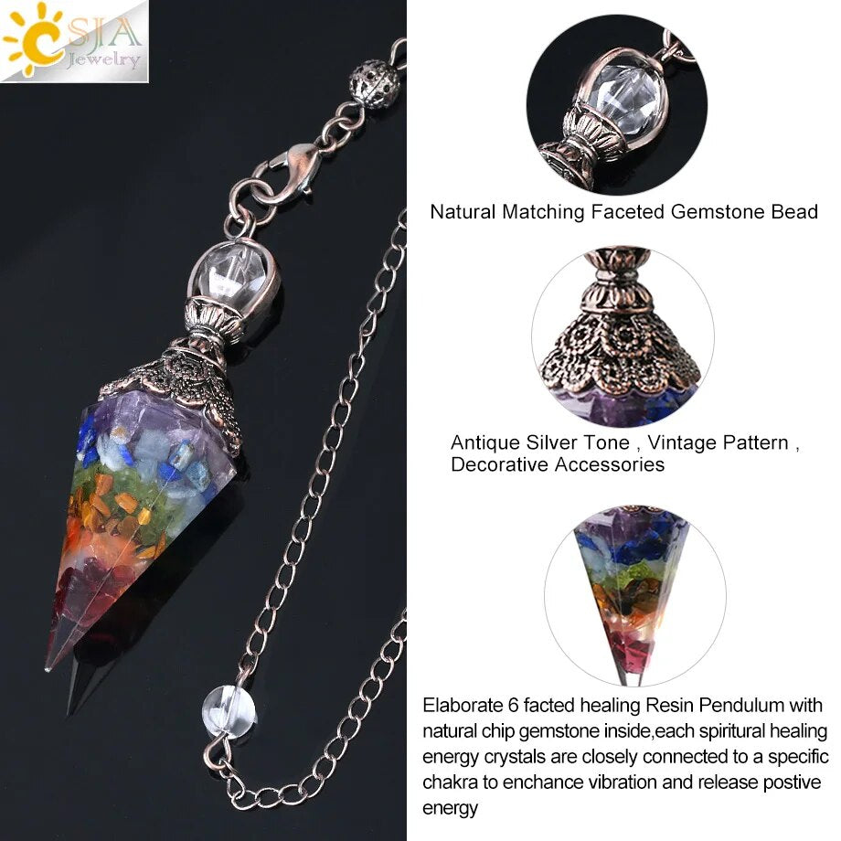 CSJA 7 Chakra Healing Crystals Pendulum for Dowsing Divination Quartz Natural Stone Pendulums Antique Reiki Pendant Pendulo