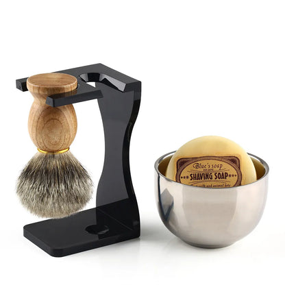 Barber Shaving Brush Wood Handle Black Acrylic Stand+bowl+Soap Set