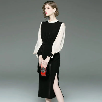 autumn new classic contrast color slim dress round neck long sleeve OL commuter long dresses step female