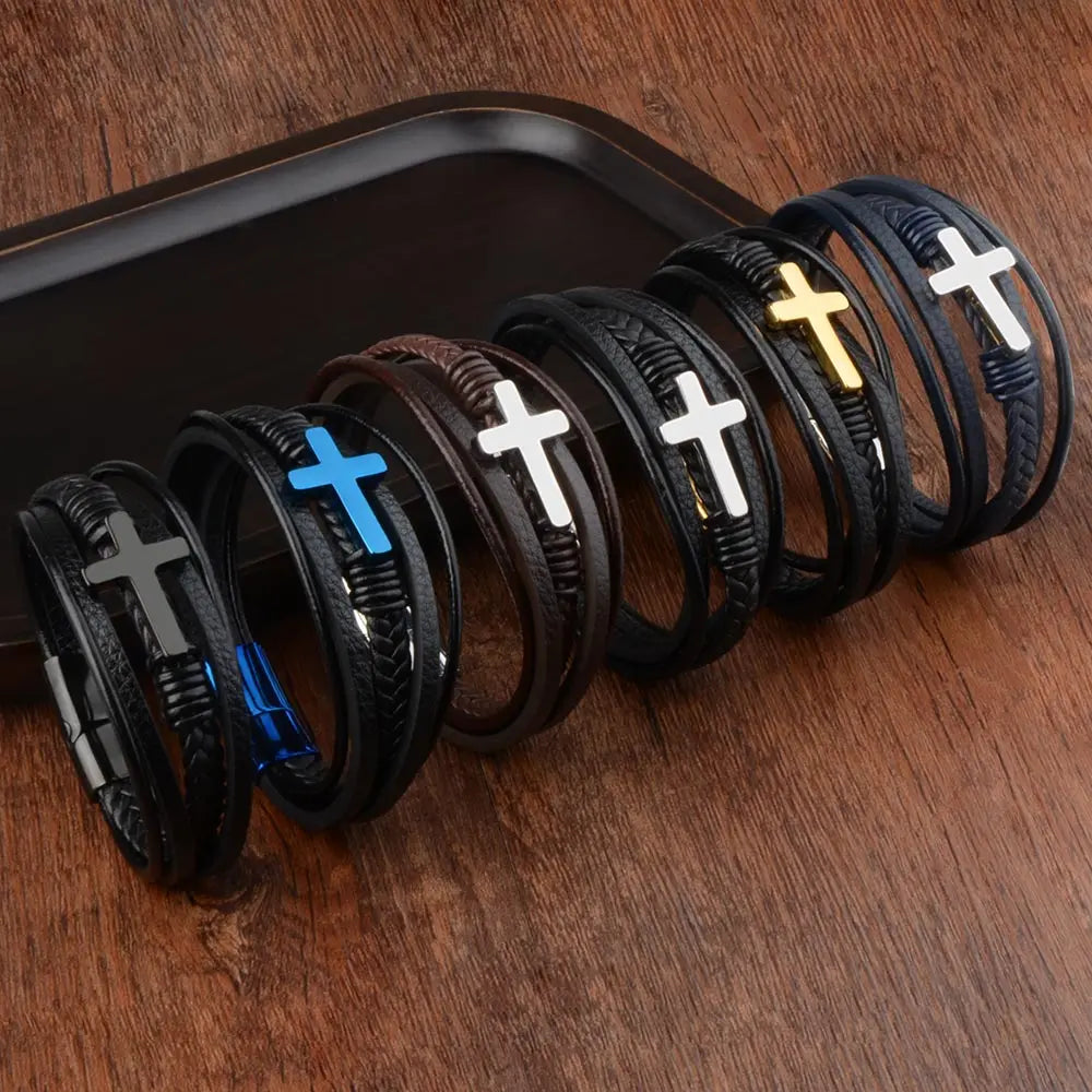 Classic Design Cross Bracelets Men Genuine Leather Stainless Steel Magnet Clasp Charms Hand Bracelet Homme Men's Christmas Gifts