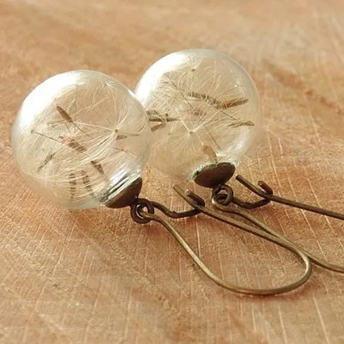 2pairs16MM Glass Globe Dandelion Seed Earrings Eco Nature Real Dried Flowers