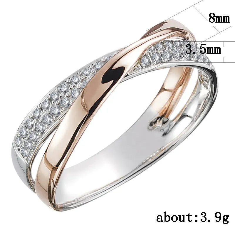 Huitan Nyaste Fresh Two Tone X Shape Cross Ring for Women Bröllop Trendiga Smycken Bländande CZ Stone Stora Moderna Ringar