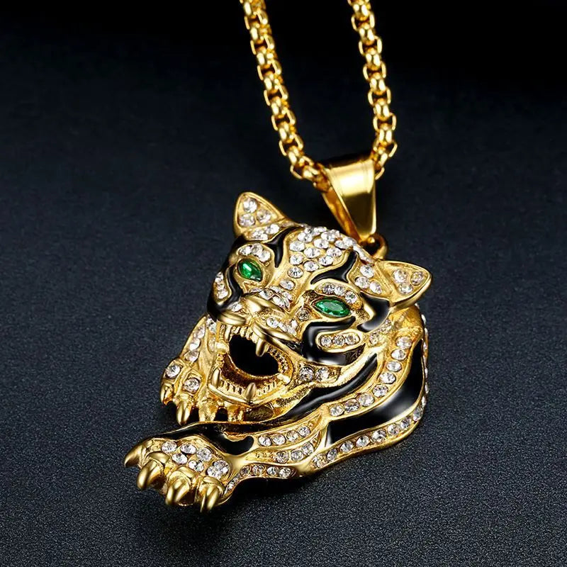 New Trendy Animal Tiger Shape Pendant Necklace Men's Necklace Fashion Bohemian Crystal Inlaid Pendant Accessories Party Jewelry