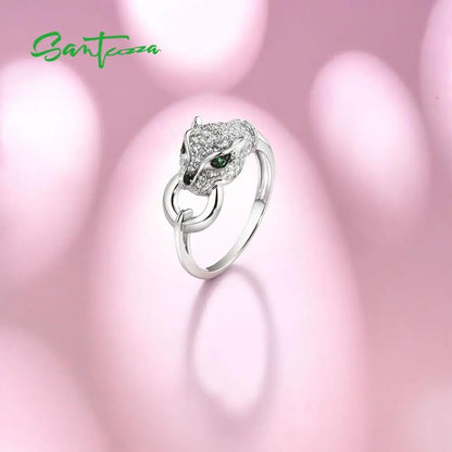 925 Sterling Silver Ring Green Spinel White Cubic Zirconia Leopard Panther Rings