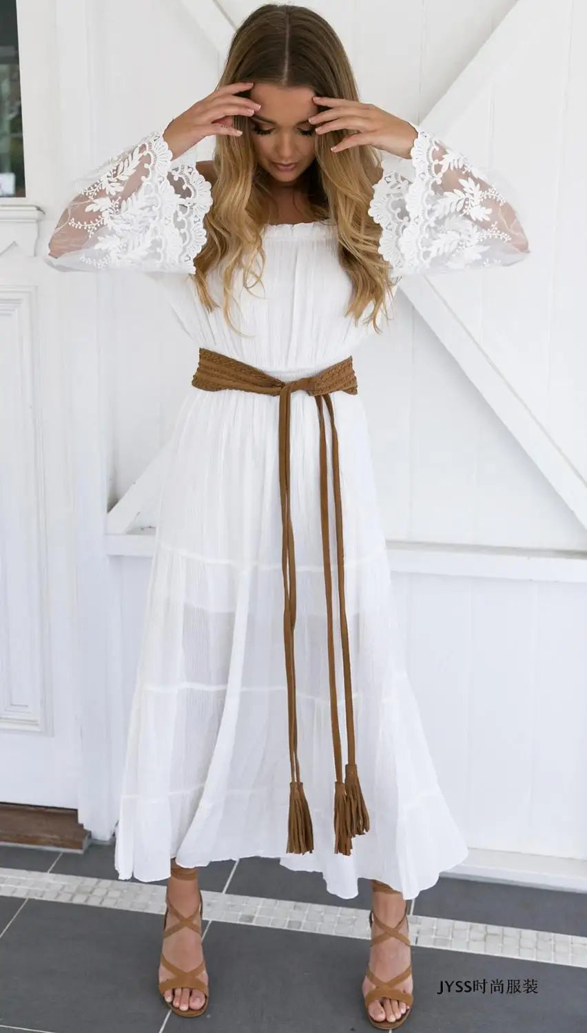 long  boho dress white sexy off the shoulder beach sundress Flare long sleeve splice lace women dresses summer vestidos