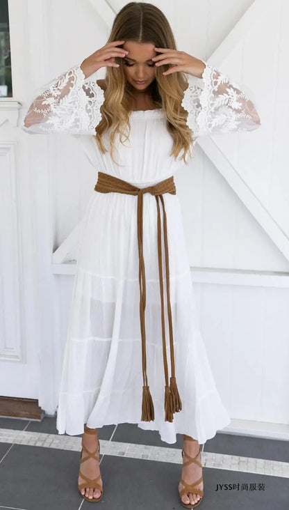 lång boho klänning vit sexig off the shoulder strand solklänning Flare långärmad skarv spets kvinnor klänningar sommar vestidos