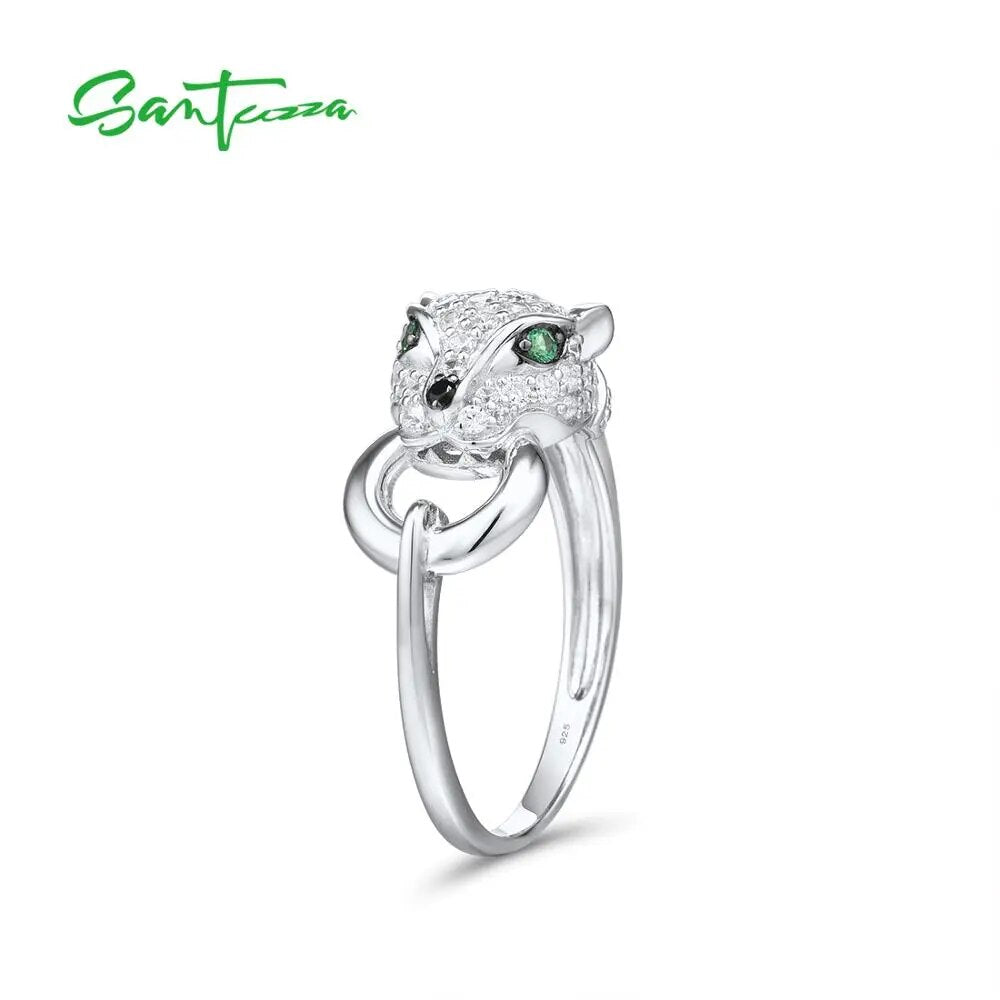 925 Sterling Silver Ring Green Spinel White Cubic Zirconia Leopard Panther Rings