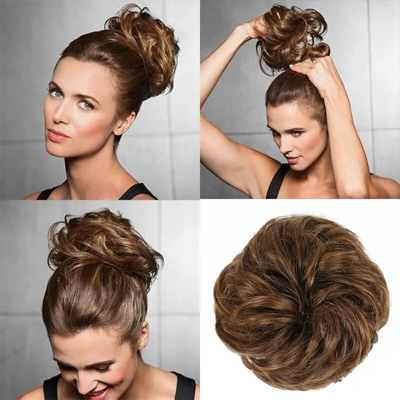 Azqueen Synthetic Messy Bun Chignon Donut Gary Brown Color Hair Bun Pad Elastic Hair Rope Rubber Band Hair Extensions