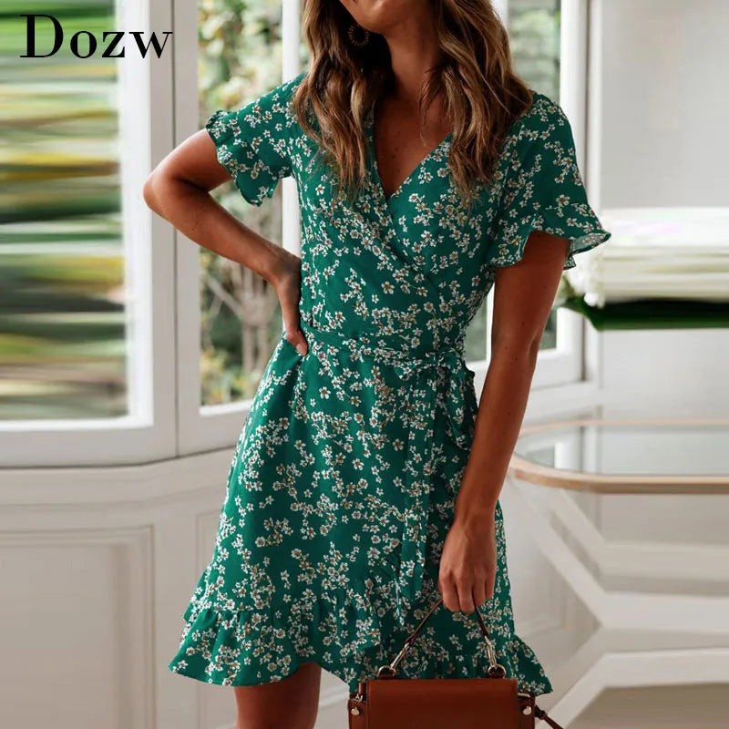 Women Dresses Sexy V Neck Floral Print Boho Beach Dress Ruffle Short Sleeve A Line Mini Dress Wrap Sundress Robe