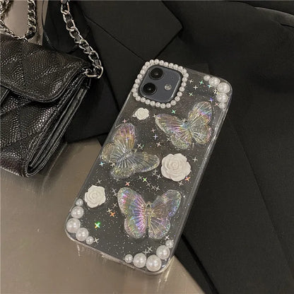 Cute 3D Bow Pearl Rose Phone Case For iPhone 15 14 13 12 11 Pro XS Max XR X 8 7 Plus Se Sequins Soft Shockproof Cover