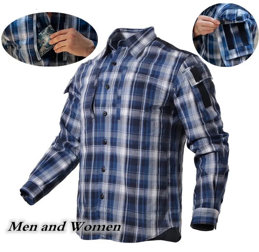 Army Fan Plaid Tactical Shirt Men Women Long Sleeve Breathable Cotton Plaid Shirt Outdoor Hiking Training Military Shirt Uniform