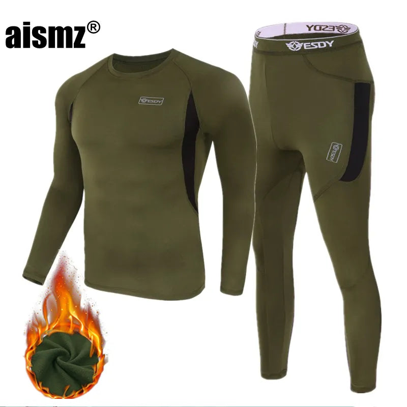 Aismz winter Top quality New thermal underwear men compression fleece sweat quick drying thermo underwear sets men clothing