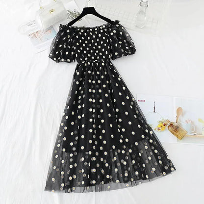 small daisies embroidery mesh dresses women sexy off the shoulder french vintage party ruffle dresses elegant vestidos