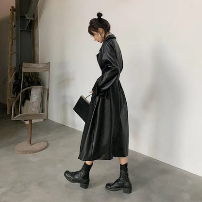 Trench-coat en cuir surdimensionné pour femmes, manches longues, revers, coupe ample, élégant, noir, vêtements streetwear pour femmes