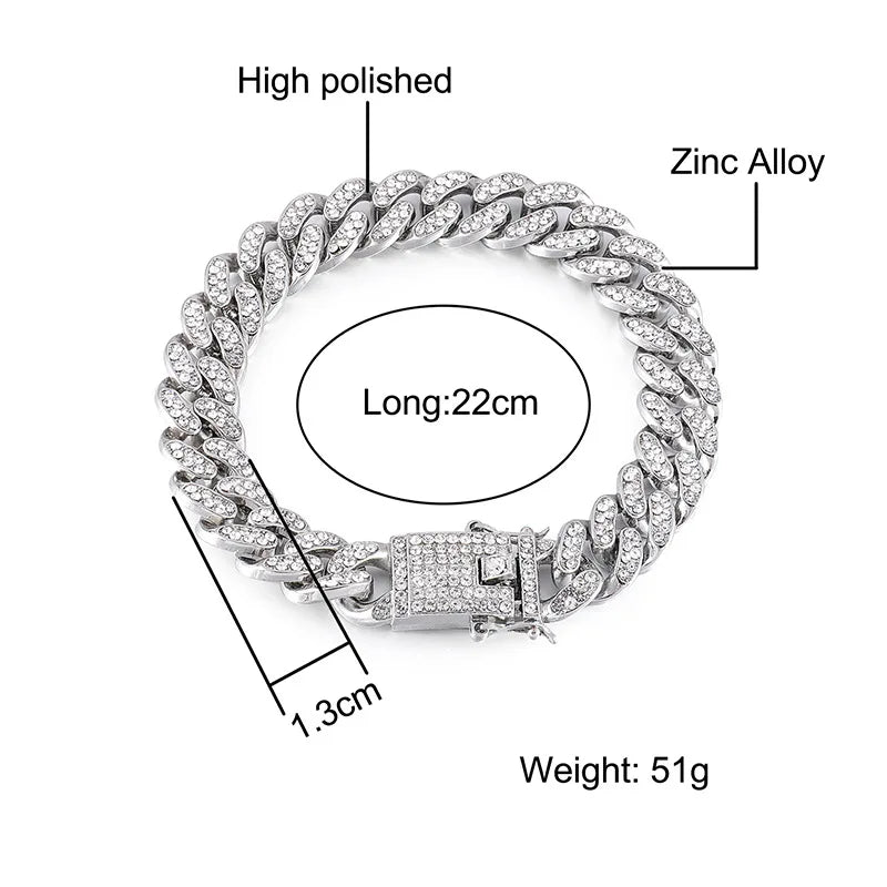 High-Quality  51g Hip Hop Full AAA Stone Bling Iced Out Pave Men's Bracelet Miami Cuban Link Chain Bracelets for Men Jewelry