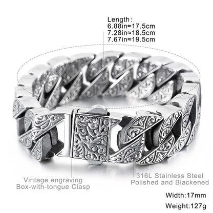 Fongten Vintage Bracelet For Men Unique Carving Cuban Link Chain Stainless Steel Men's Bracelets Bangle Viking Fashion Jewelry