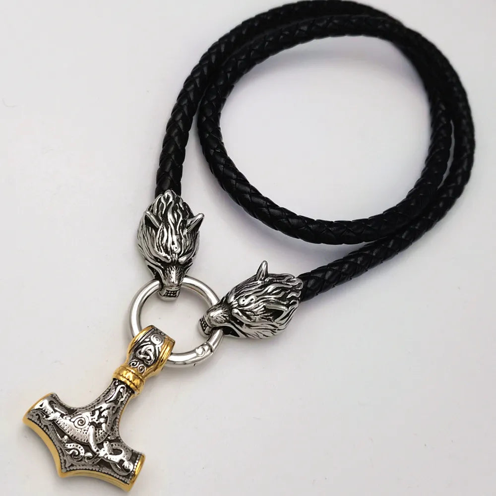 stainless steel wolf head leather chain VIKING Thor's hammer PENDANT men's necklace JEWELRY