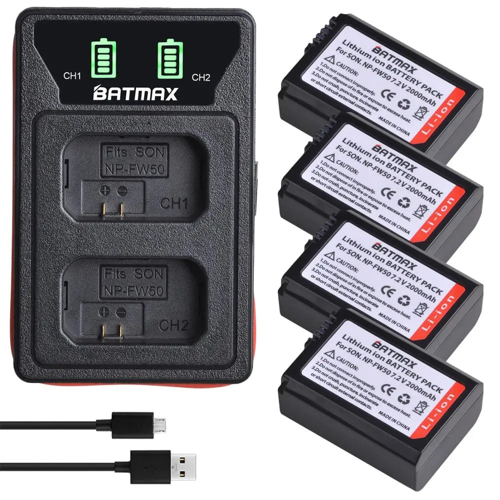 4X 2000mAh NP-FW50 NP FW50 Batteri + LED USB Dubbel laddare för Sony A6000 A6400 A6300 A6500 A7 A7II A7RII A7SII A7S A7S2 A7R