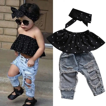 3 pièces bébé fille vêtements d'été ensemble Dot haut sans manches gilet trou jean pantalon arc bandeau tenues mode décontracté enfants ensemble de vêtements