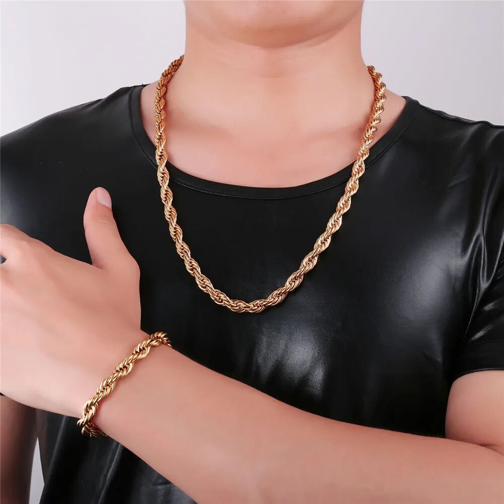 U7 Stainless Steel 9MM Twisted Rope Chain Necklace And Bracelet