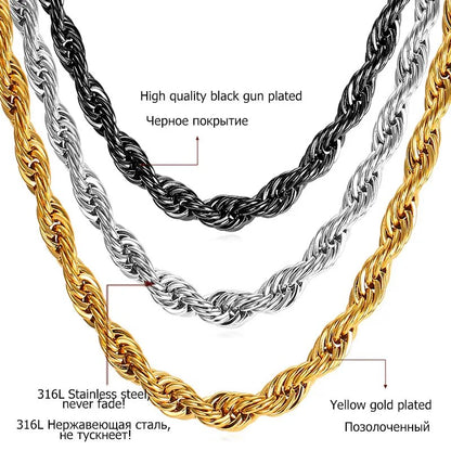 U7 Stainless Steel 9MM Twisted Rope Chain Necklace And Bracelet