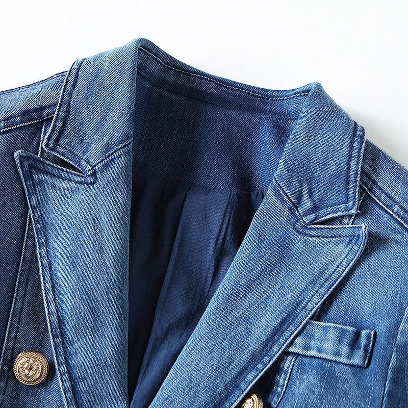 HIGH QUALITY  Designer Blazer Women's Metal Lion Buttons Double Breasted Denim Blazer Jacket Outer Coat