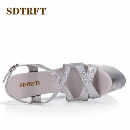 Plus:34-44 Sliver Open Toe platform sandals 15/20cm thick high-heeled female bridal Cross-tied shoes woman wedding pumps