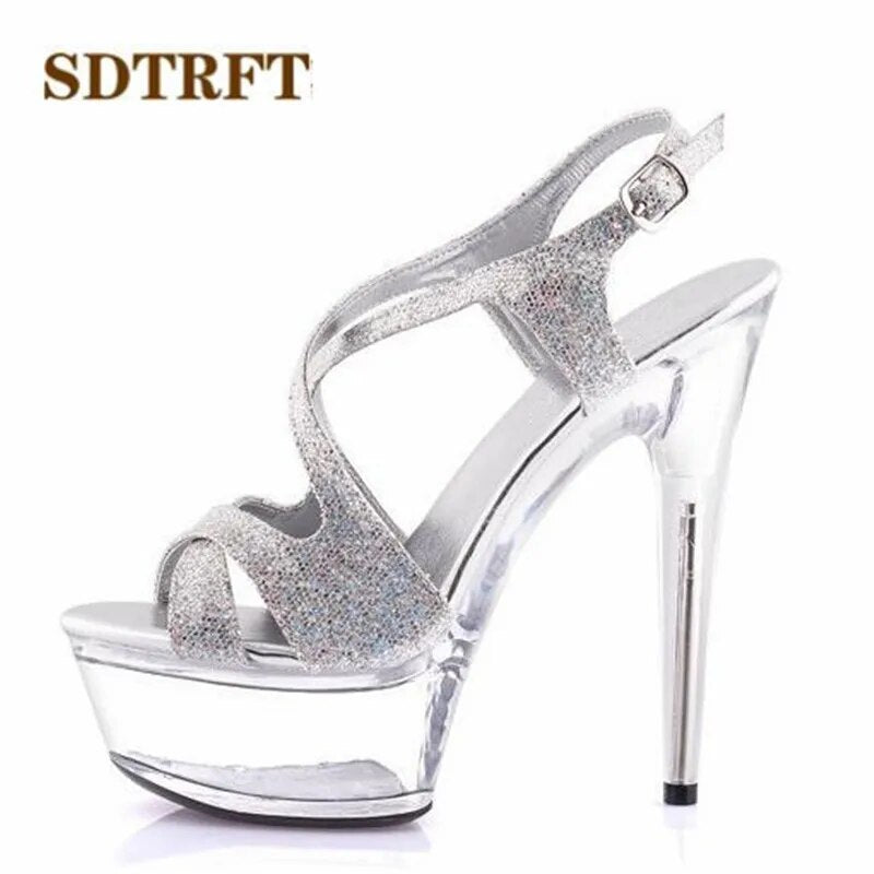 Plus:34-44 Sliver Open Toe platform sandals 15/20cm thick high-heeled female bridal Cross-tied shoes woman wedding pumps