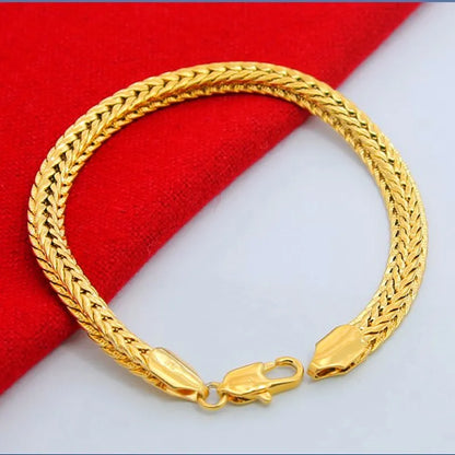 Pure Gold Color 6.5MM Width Bracelet For Men 20CM.Fashion Original 24k GP Women men's Jewelry Gift