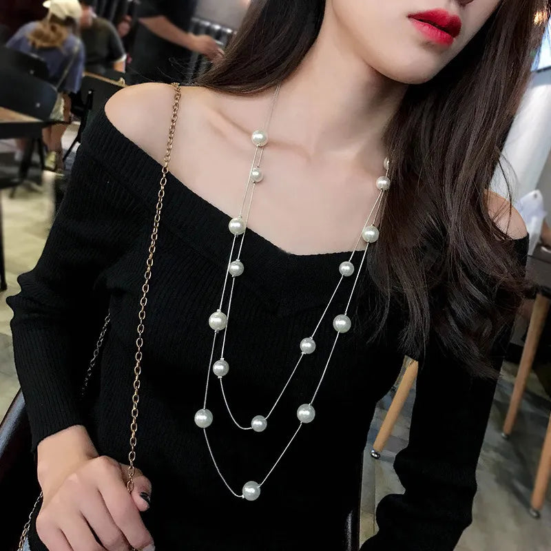 New Long Double Layer Simulated Pearl Necklace Women Sweater Chain Necklace Female Collares Statement Jewlery