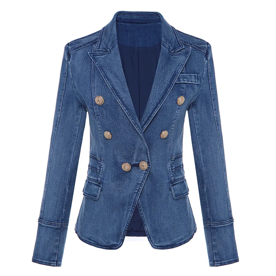 HIGH QUALITY  Designer Blazer Women's Metal Lion Buttons Double Breasted Denim Blazer Jacket Outer Coat