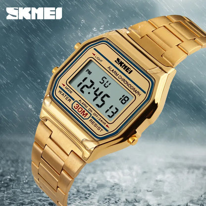 Luxury Brand LED Digital Sport Watch Fashion Casual Gold Wrist Watch Men Stainless Steel Military Waterproof Wristwatches