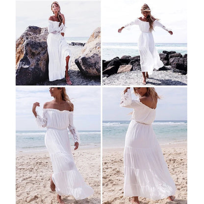 lång boho klänning vit sexig off the shoulder strand solklänning Flare långärmad skarv spets kvinnor klänningar sommar vestidos