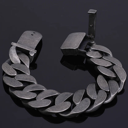 Retro Heavy Metal Man Bracelet 24MM Wide On Hand Link Chain Men's Bracelets With Belt Buckle Black Stainless Steel Wrist Jewelry