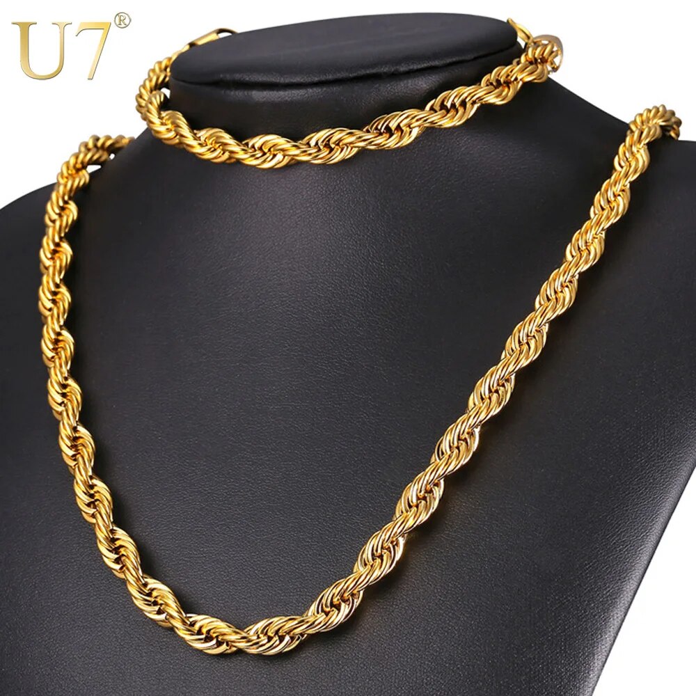 U7 Stainless Steel 9MM Twisted Rope Chain Necklace And Bracelet